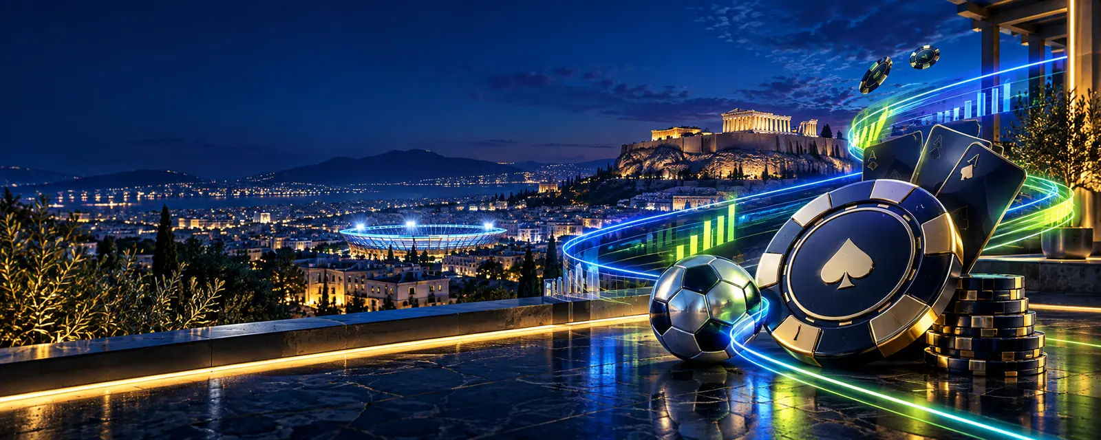 Αθηναϊκό νυχτερινό τοπίο με αθλητικά και casino στοιχεία